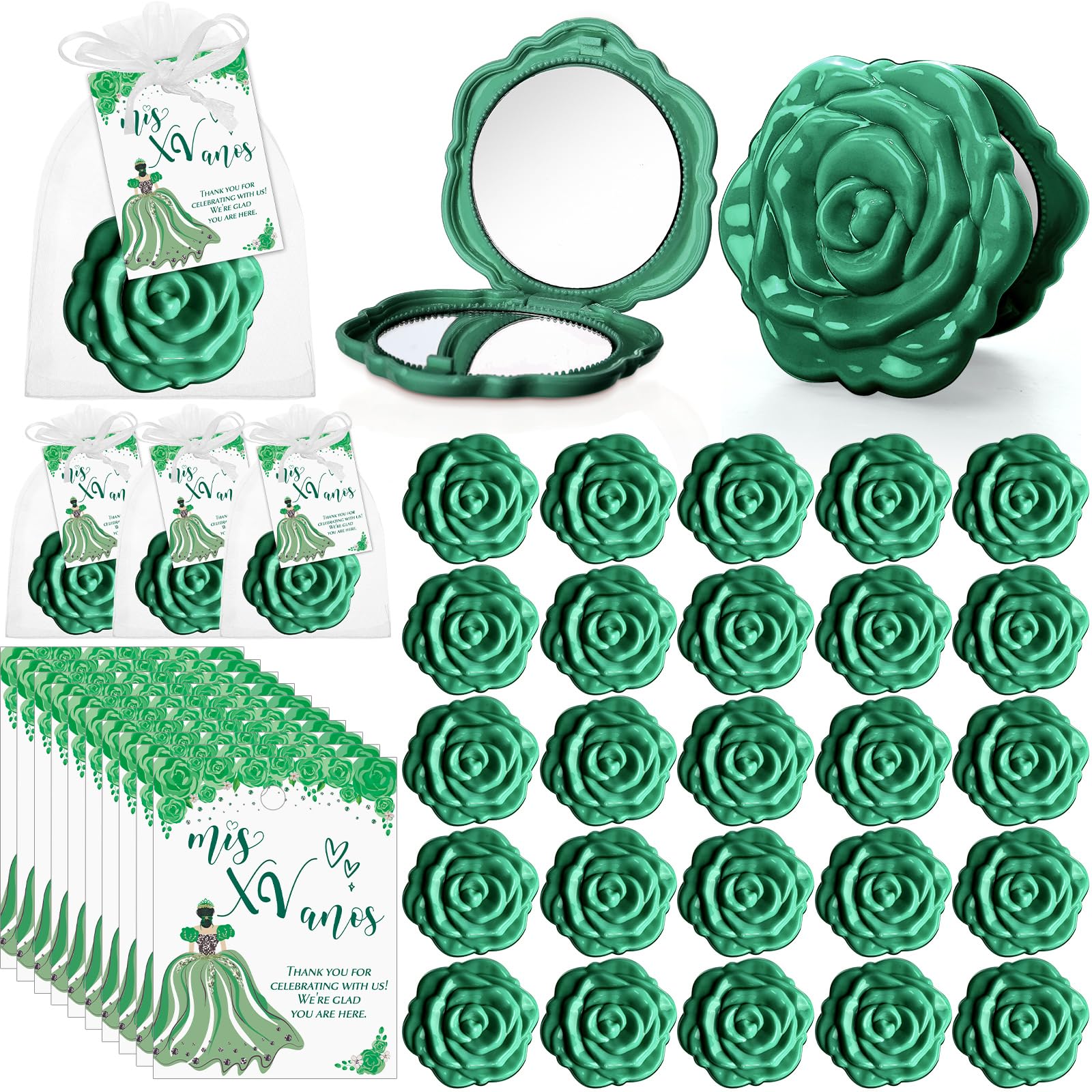 Photo 1 of Wenqik 50 Sets Quinceanera Party Favors for Guests Rose Design Compact Pocket Mirrors Quinceanera Cards Thank You Gift and Organza Bags Sweet 15 Mis Quince Birthday Party Favor (Green)