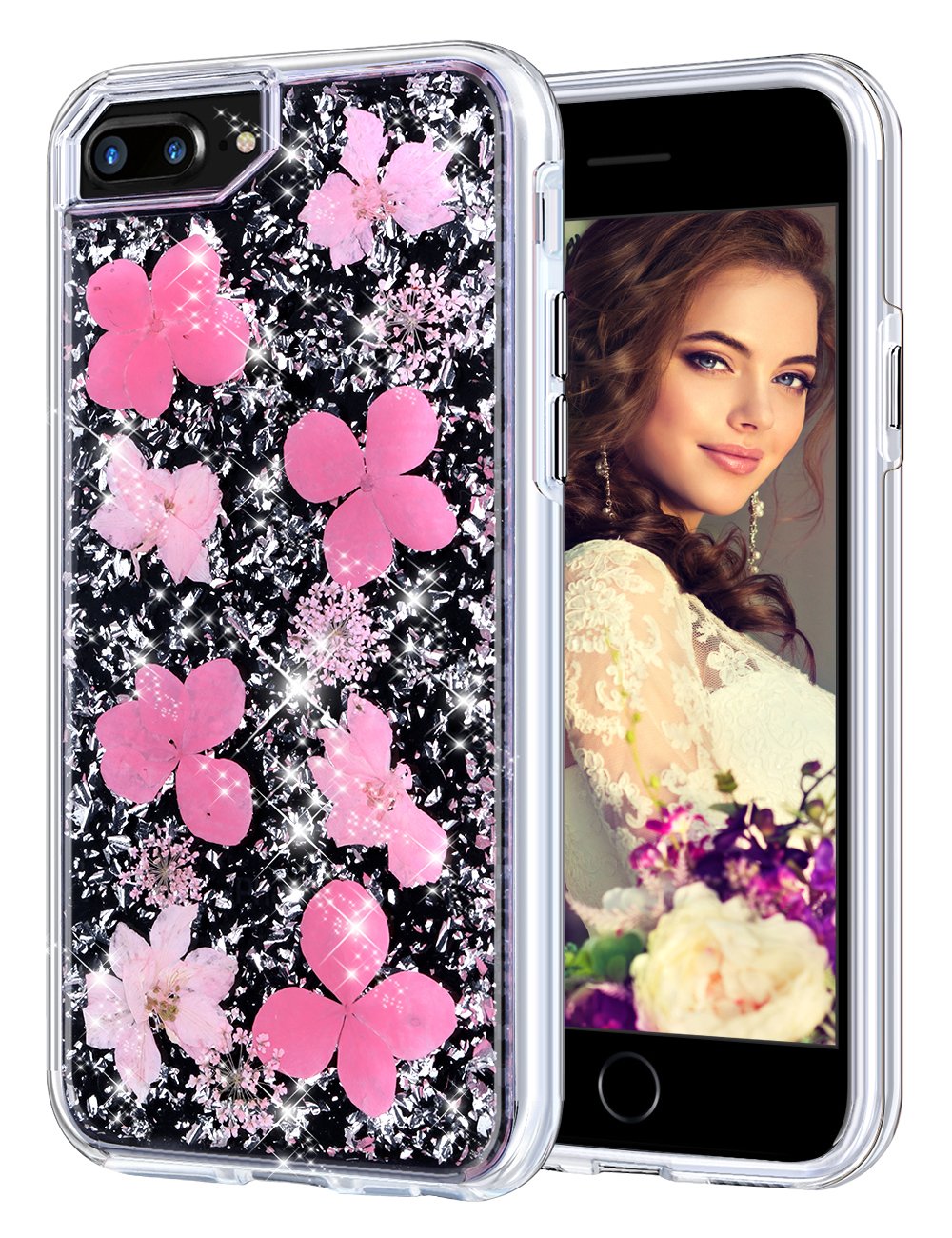 Coolden Case For Iphone 8 Plus Case Iphone 7 Plus Glitter Case With Dried Flower Cute Girly Durable Shockproof 2 Layers Solid Pc Tpu Cover Case For Iphone 6 Plus 6s Plus