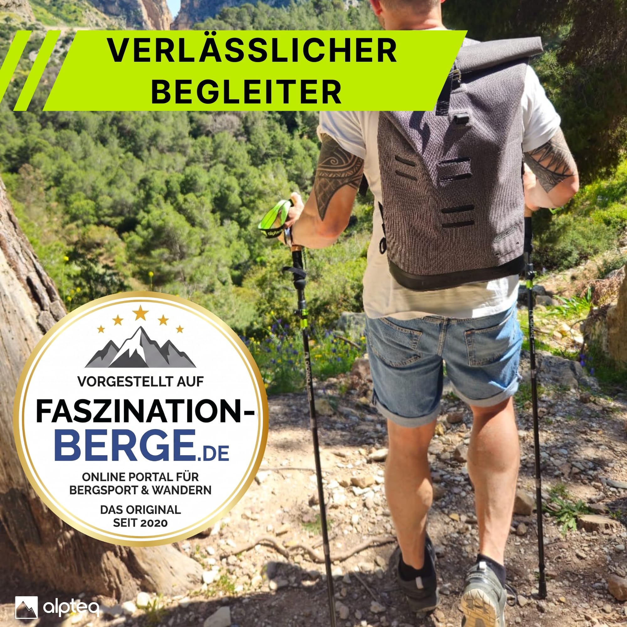 Alpteq® Wanderstöcke faltbar Carbon mit Korkgriff | Bergsport Trekkingstöcke | Nordic Walking Stöcke Damen & Herren | extra leicht und Teleskop variabel (Carbon 115-135 cm | Lime Green) 3