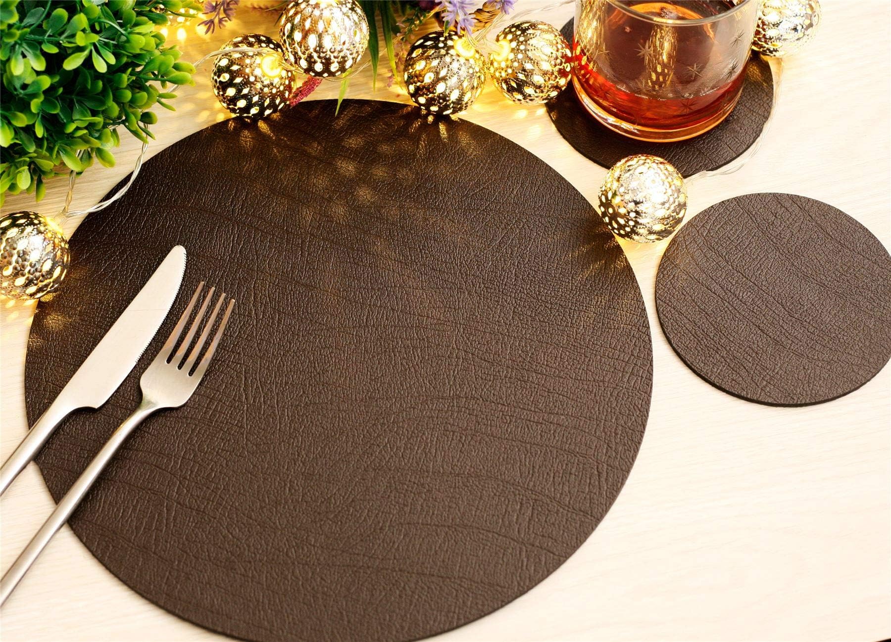 The Dapper House Set of 8 Classic Brown Leatherboard Round Placemats and 8 Coasters - UK Made