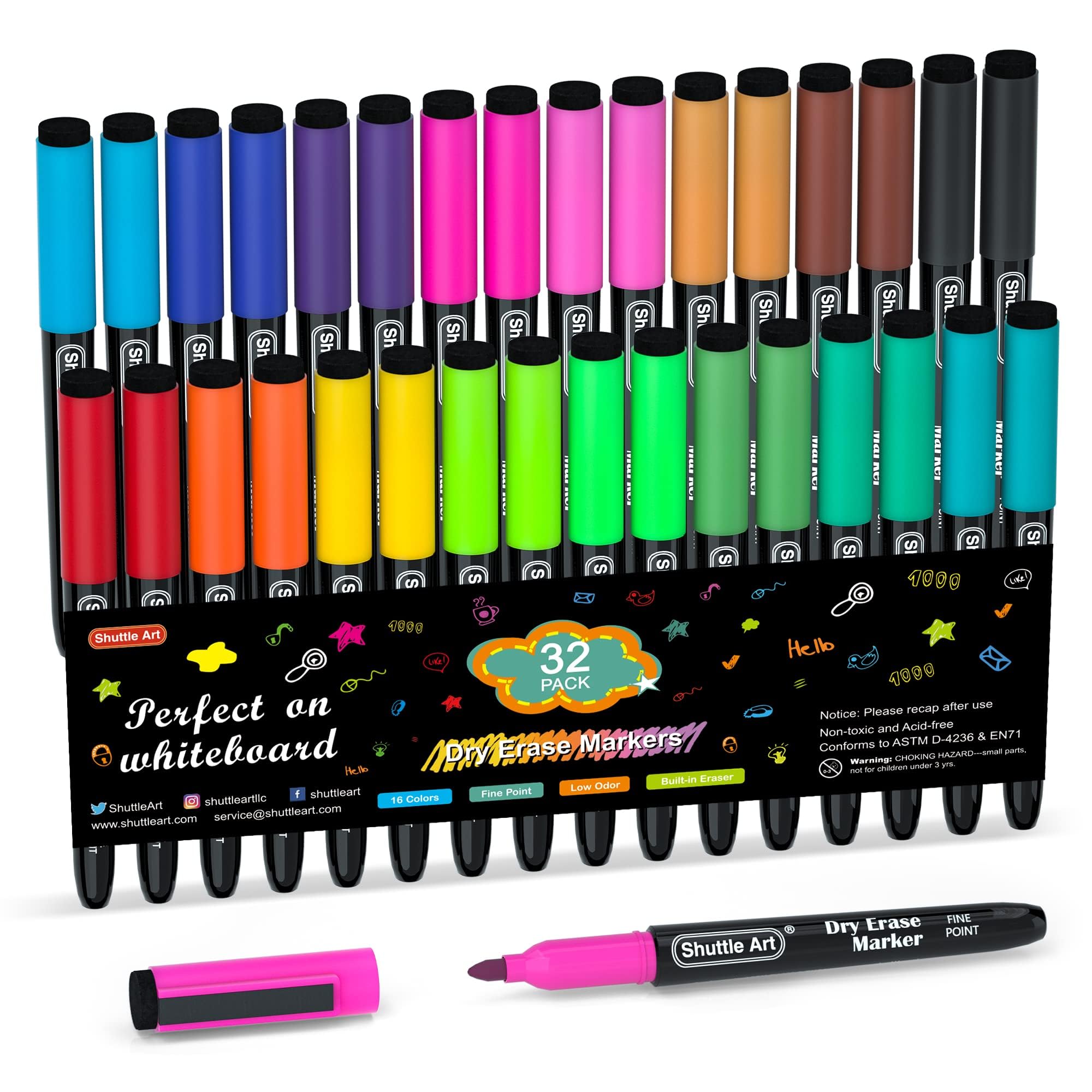 Shuttle Art 32 Pack Whiteboard Pens, 16 Colours Magnetic Whiteboard Markers, Dry Wipe Markers with Eraser, Dry Wipe Pens for Writing on Whiteboards, Weekly Planner, Glass for School Office Home