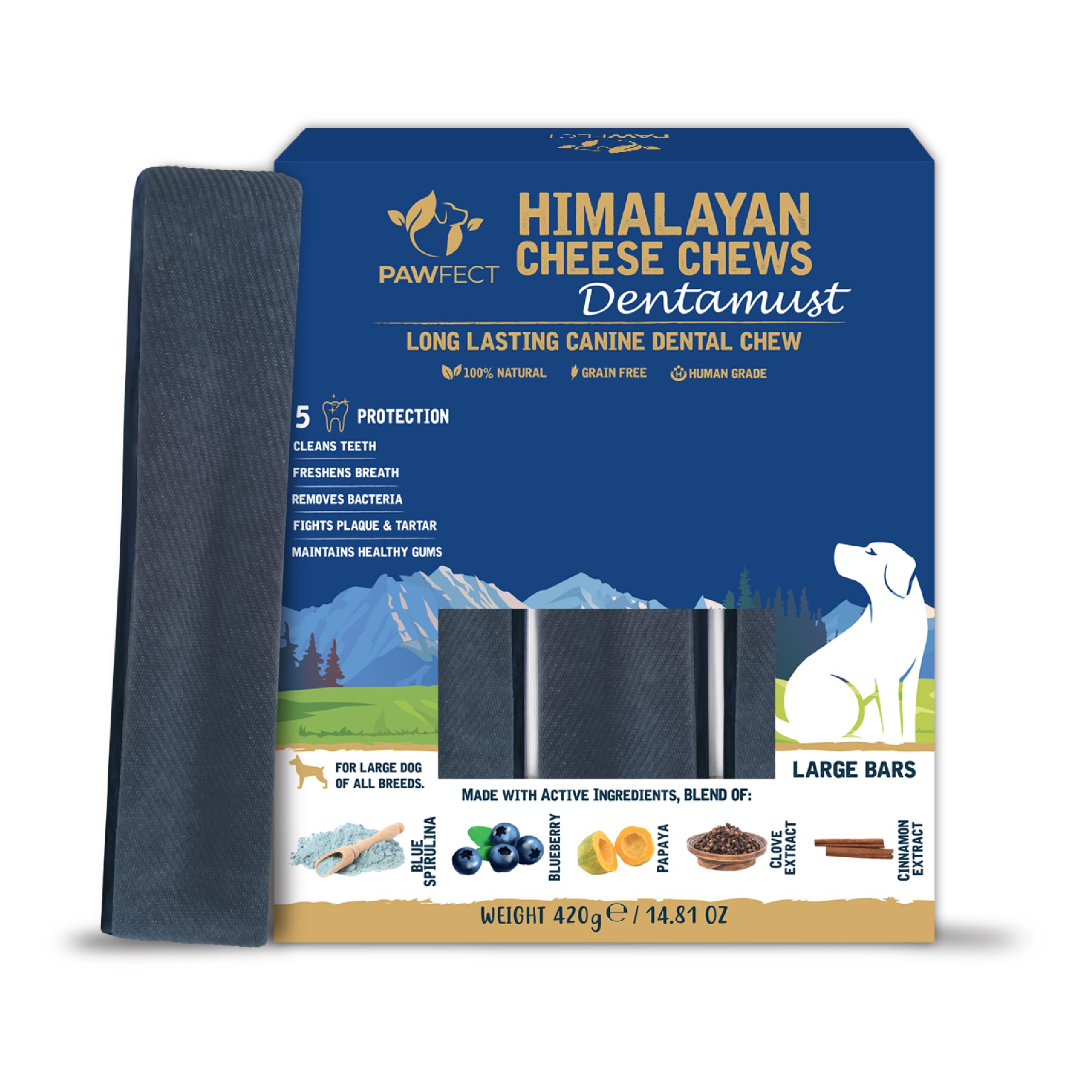 Pawfect Dentamust Himalayan Yak Chews with Blueberry and Papaya for Large Dogs - Long Lasting Dog Chews with Superfoods - All Natural, Multifunctional Dog Treats - Pack of 3 (420g/14.81oz)