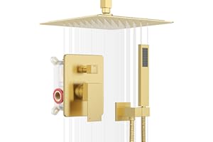 ESNBIA Gold Shower Faucet Set, Ceiling 10 Inches Rain Shower Head with Handheld Combo Set, High Pressure Rainfall Shower Head System, Shower Faucet with Valve and Trim, Shower Fixture, Brushed Gold