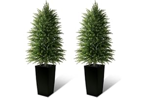 Mavis's Diary 4FT Artificial Cedar Trees Outdoor, Set of 2 in Modern Square Pots, Realistic Faux Evergreen Topiary for Porch, Garden & Home Decor