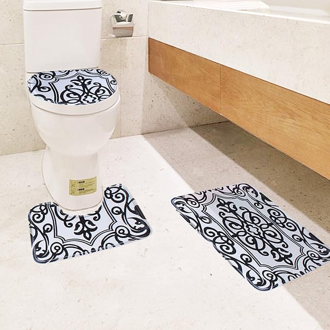 Black and White Bath Mat Set 3 piece Toilet Rug Bathroom