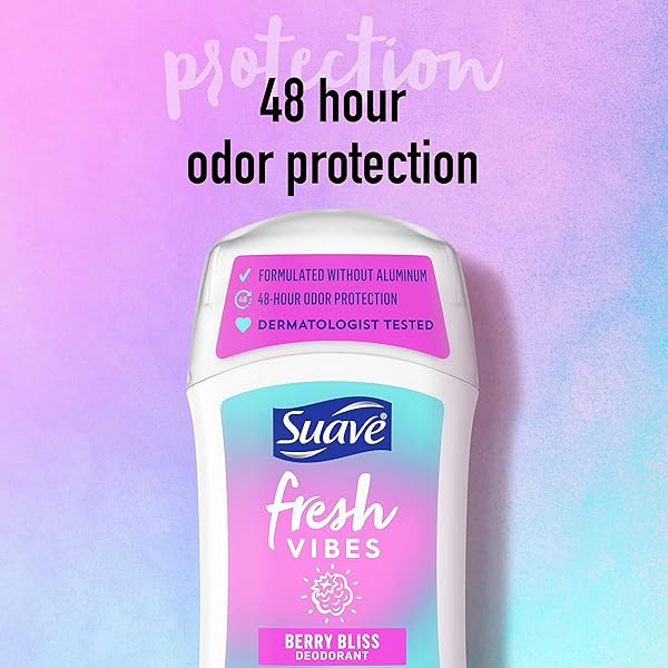 SUAVE FRESH VIBES DEODORANT STICK ALUMINUM FREE 48 HOUR DEODORANT PROTECTION BERRY BLISS DERMATOLOGIST TESTED BODY DEODORANT 1.2 OZ