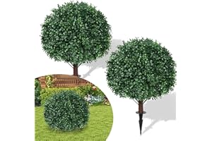 SYKART 26" Artificial Boxwood Topiary Ball Trees, Set of 2 Artificial Shrubs Bushes with Ground Spike, UV Resistant Fake Evergreen Tree for Outdoor Indoor Front Porch Garden