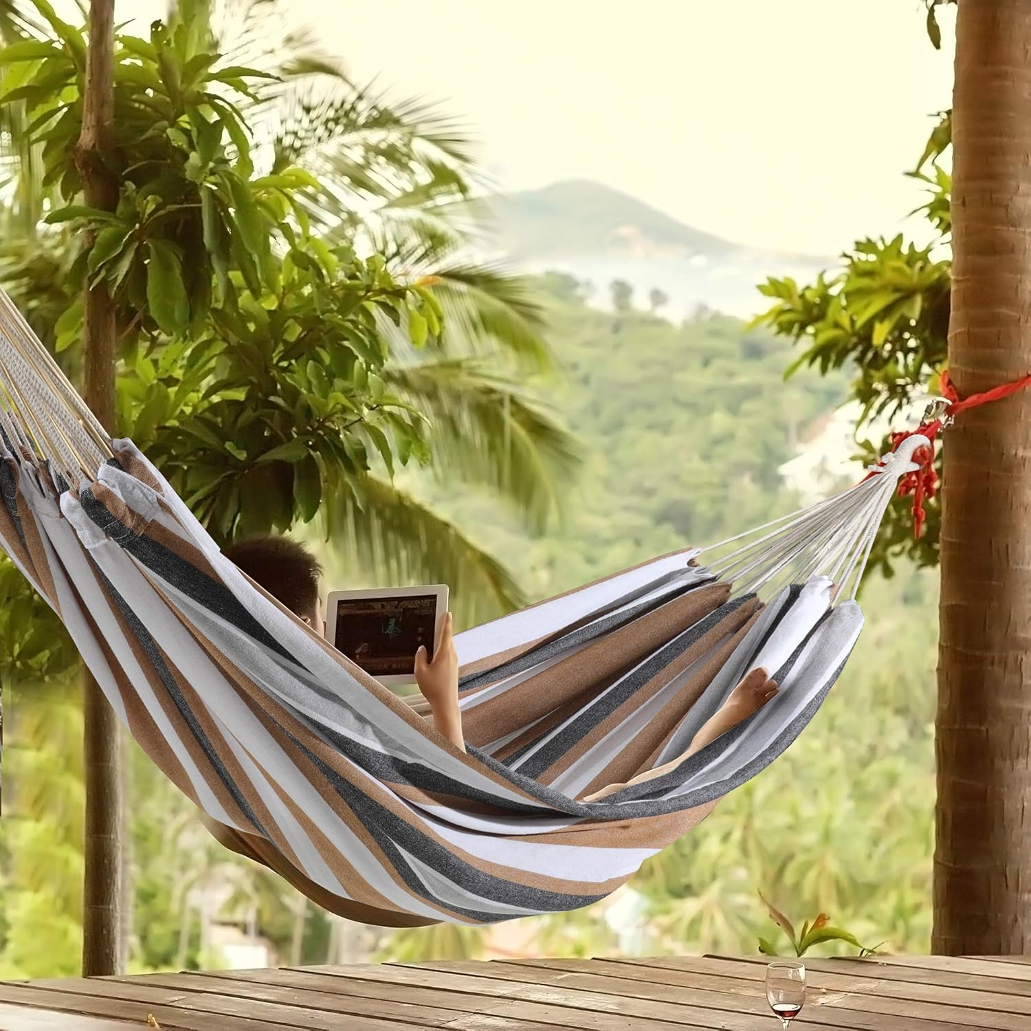 ROOITY Double Hammock Brazilian Hammocks with Portable Carrying Bag,Soft Woven Fabric, Up to 450 Lbs Hanging for Patio,Trees,Garden,Backyard,Porch,Outdoor and Indoor XXX-Large Brown&Grey Stripe: Sports & Outdoors