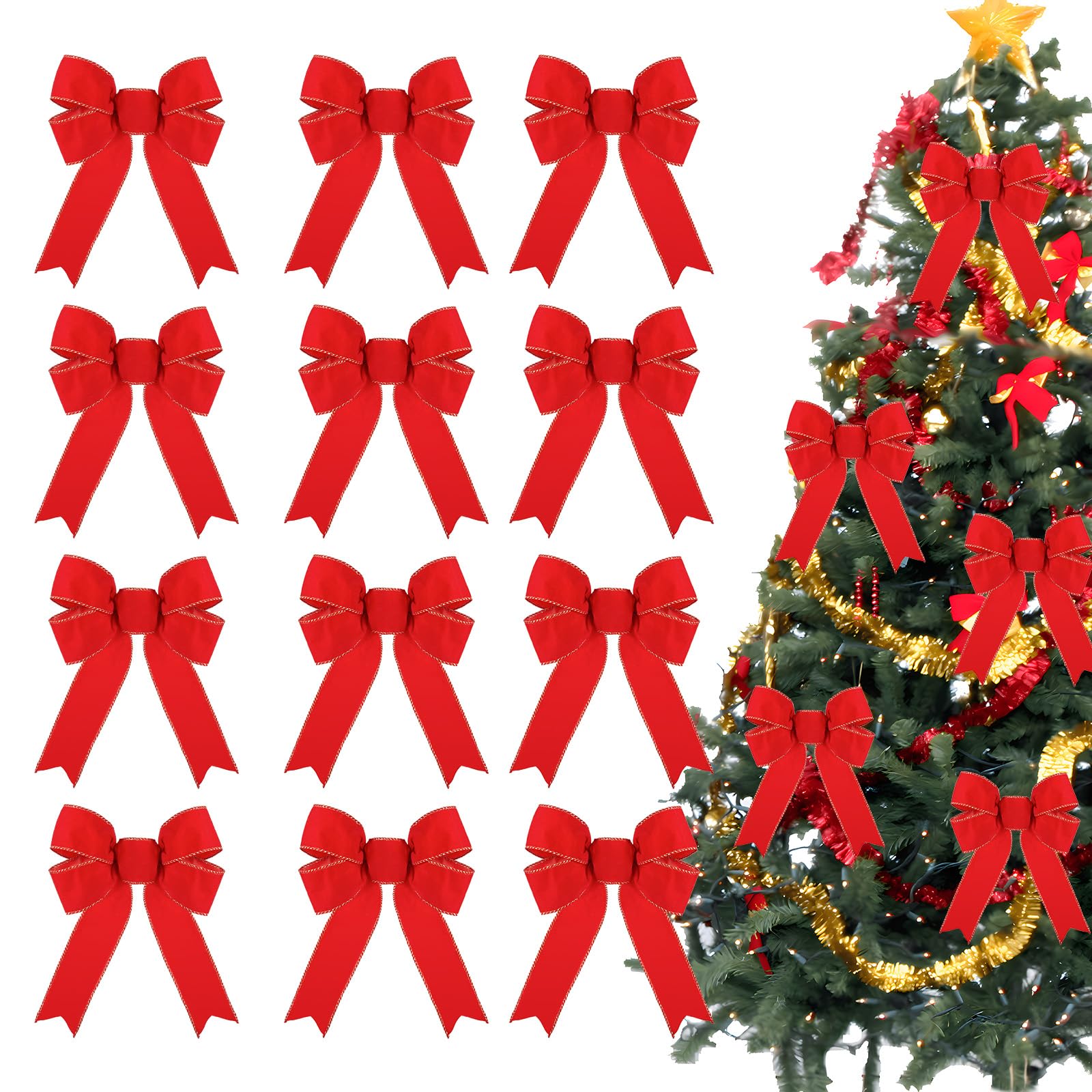 Photo 1 of  Red Bows Christmas Tree Decorations, Christmas Wreath Bows Christmas's Velvet Bows with Glitter Gold Edge for Xmas Home Wreath Fence Stairs Railing Fireplace Indoor Outdoor (8 x 10 Inches)