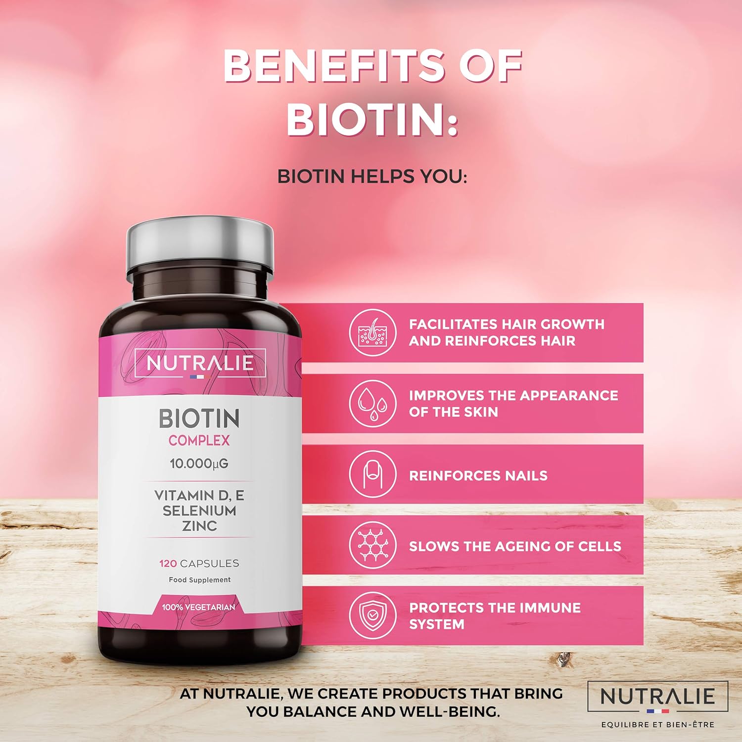 Biotin for Hair 10000 mcg - Vitamins E D Zinc Selenium - for Men and Women - 120 Capsules Vegetarian Nutralie - Image 4