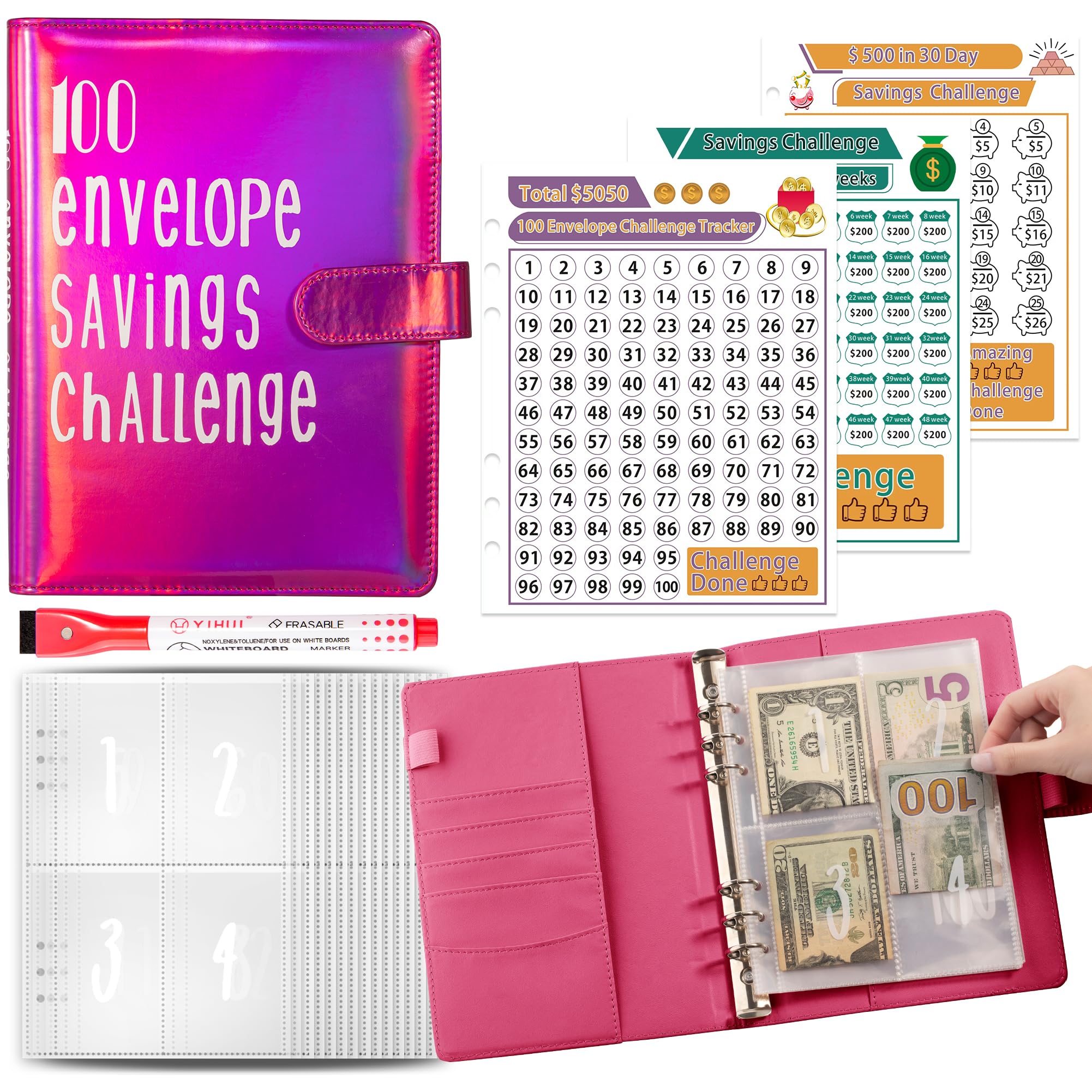 Photo 1 of 100 Envelope Savings Challenge Binder, Money Saving Binder with Cash Envelopes, from 30 Days to 52 Weeks, to Save $500,$5,050 and $10,000, back to school supplies,gift for children (fuchsia rose)