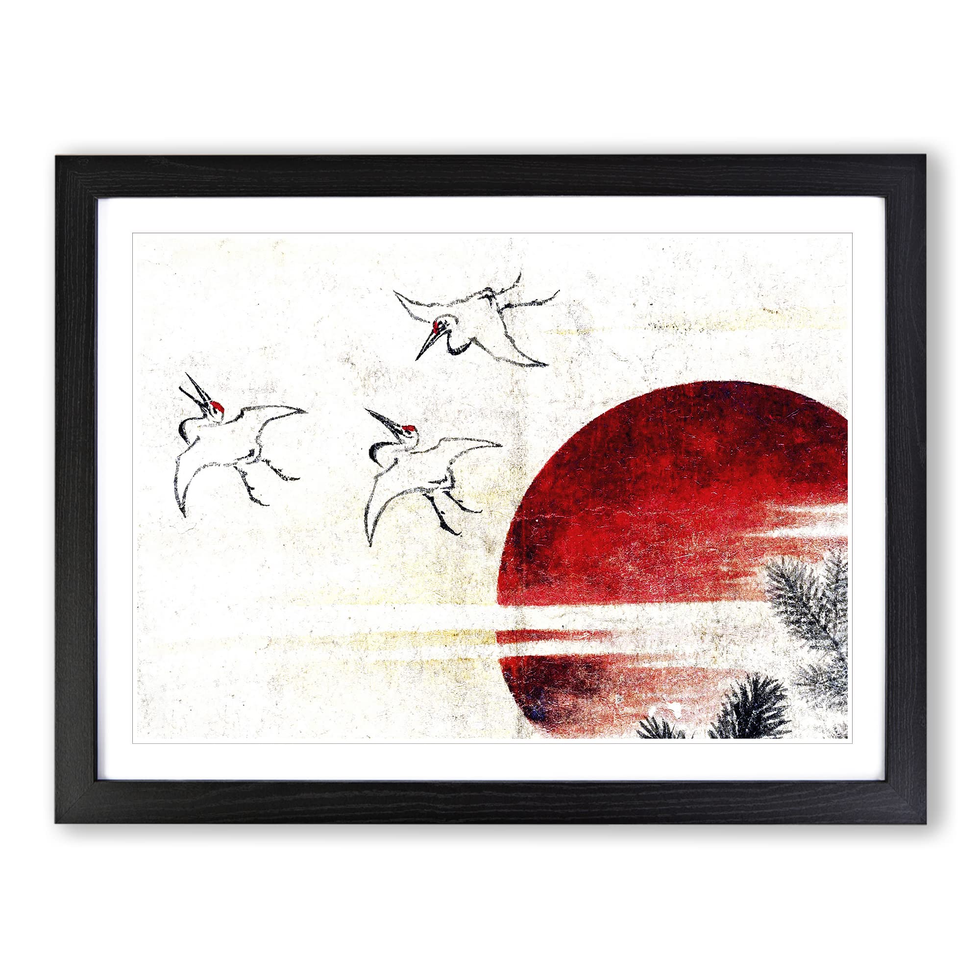 Cranes At Sunset By Katsushika Hokusai Asian Japanese Framed Print | A4 Black Framed Wall Art | Ready to Hang | Asian Animal Picture | Living Room Bedroom Lounge Office