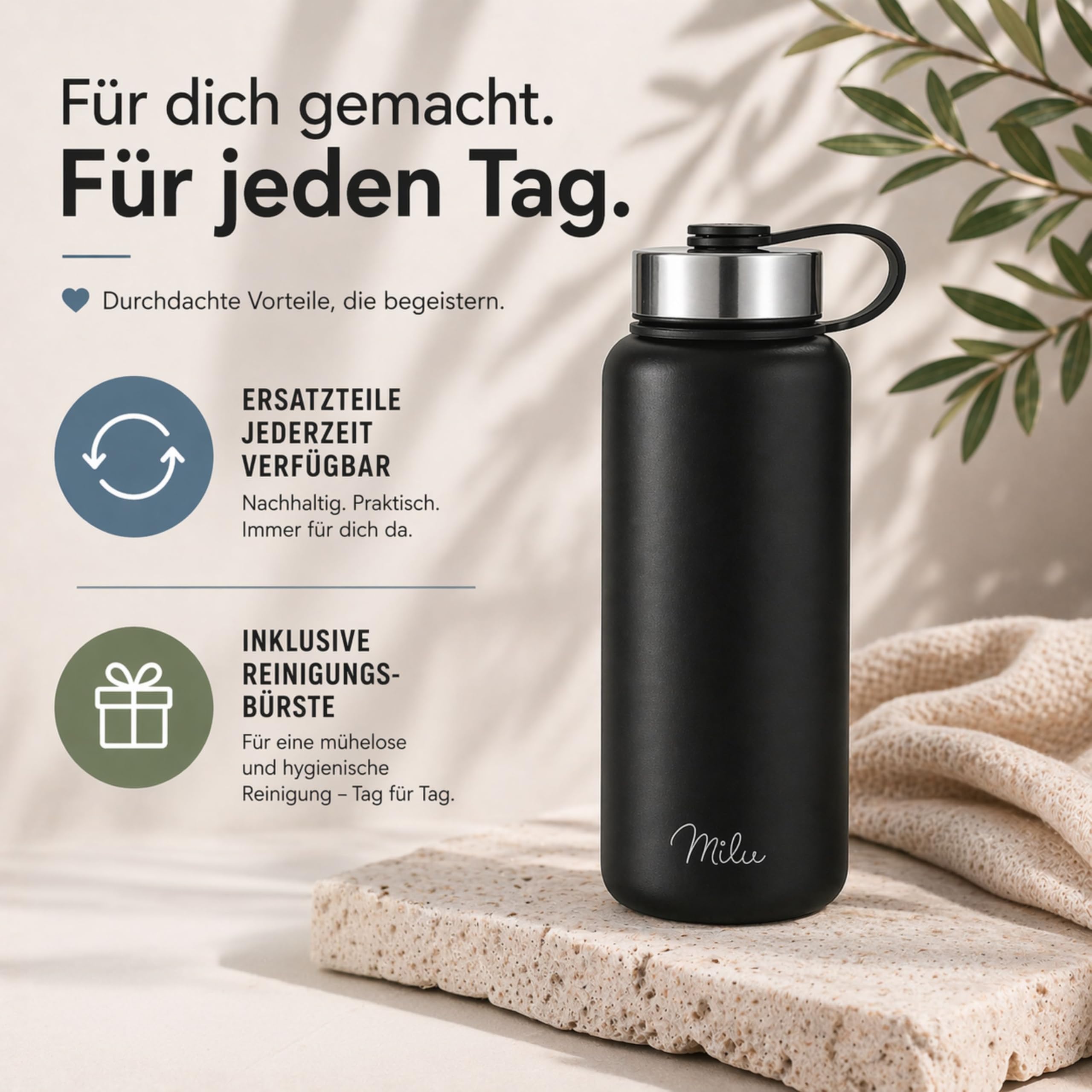 Milu Edelstahl Trinkflasche 500ml, 750ml, 1L (+3 Deckel) Thermosflasche mit Strohhalm, Isolierte Wasserflasche, Auslaufsichere Isolierflasche doppelwandig, Kohlensäure geeignet (Berry Blau, 0,5L) 6