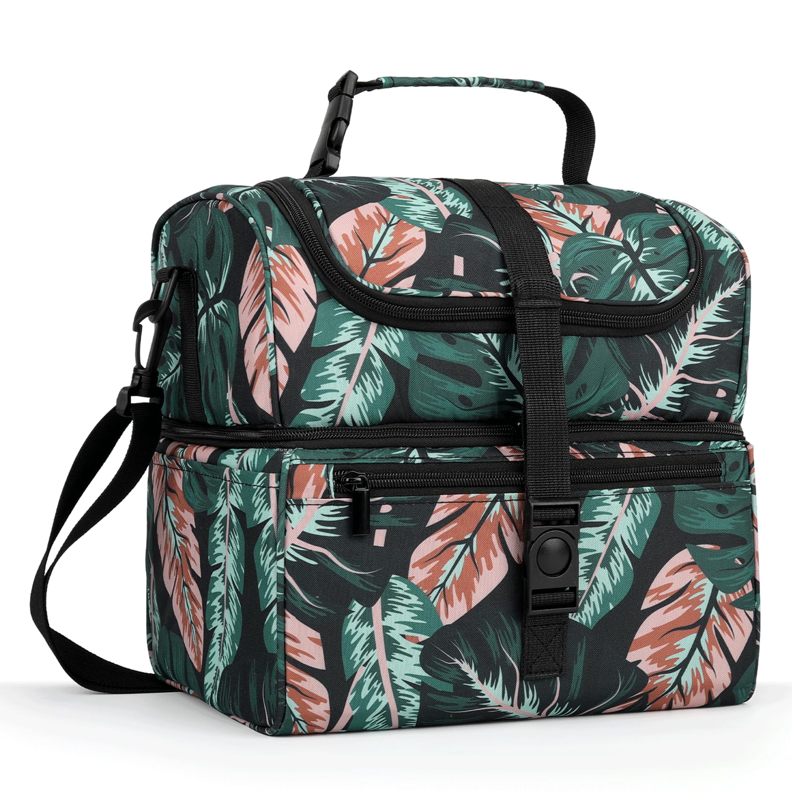 Double Deck Lunch Bag Tropic Leaves Cooler Tote with Shoulder