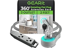 GEARit 360 Rotating Flat Plug Short Extension Cord with 3 Outlets (2ft, Gray) 16AWG/13A 3 Prong Wire, Outlet Saver for Home O