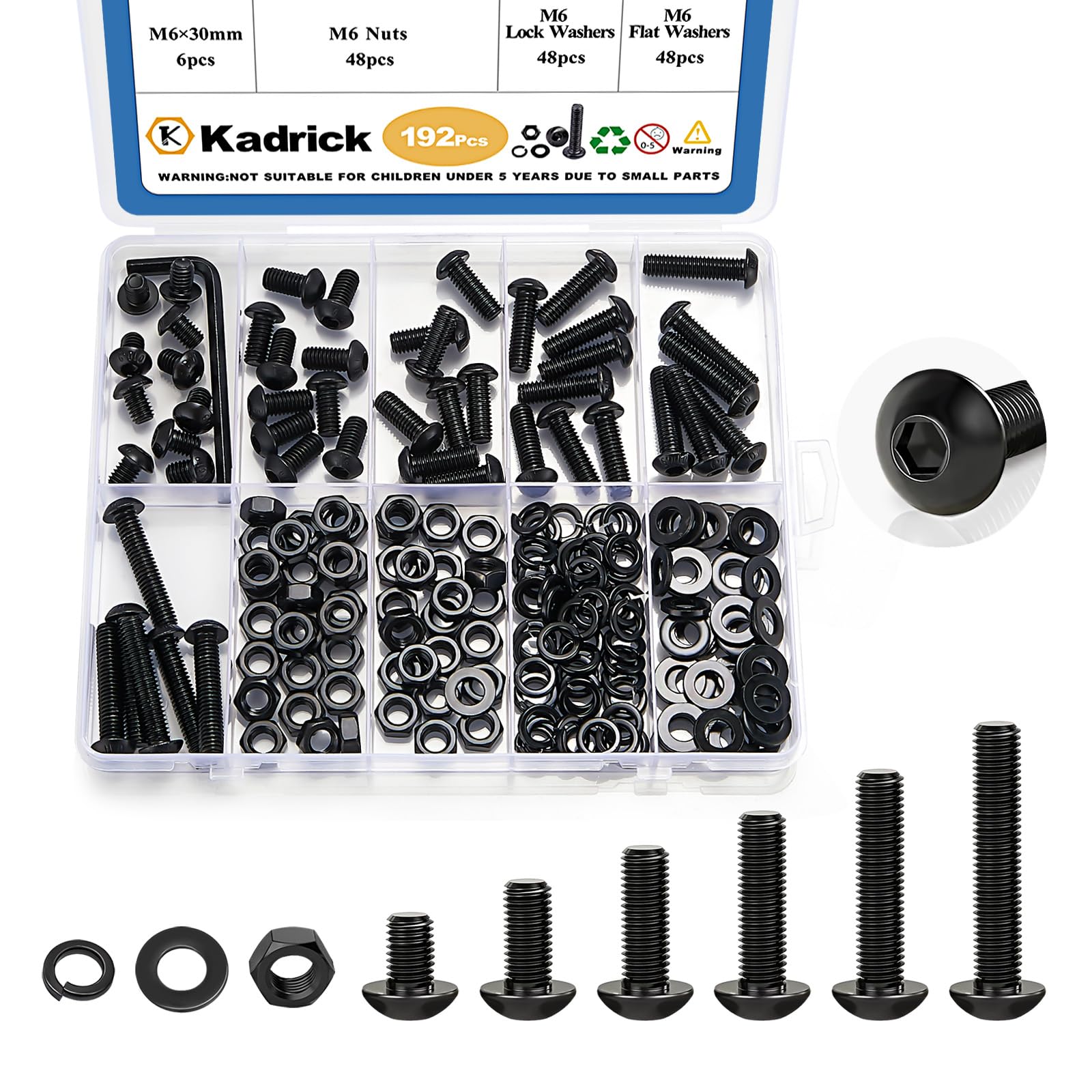 Photo 1 of Kadrick M6 Screw Assortment, 192PCS M6 Screw Kit,Machine Screws with Lock & Flat Washers, Grade 10.9 Alloy Steel Hex Socket Button Head Black Screws Nuts and Bolts Kit