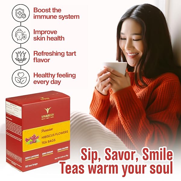 VINAREEN HIBISCUS TEA BAGS, 100 COUNT – HERBAL TEA MADE FROM PURE HIBISCUS FLOWERS – TE DE FLOR DE JAMAICA – SUPPORT DIGESTION, HEALTHY SKIN & SLEEP – CAFFEINE FREE, SUGAR FREE, VEGAN, NON-GMO, NO ADDITIVES.
