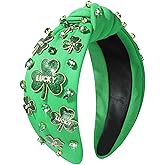 NVENF St.Patrick's Day Headband for Women Green Shamrock Knotted Headbands Rhinestone Crystal Lucky Leaf Embellished Wide Top Knot Headbands St.Patrick's Day Accessories Outfits Gifts (Leaf M)