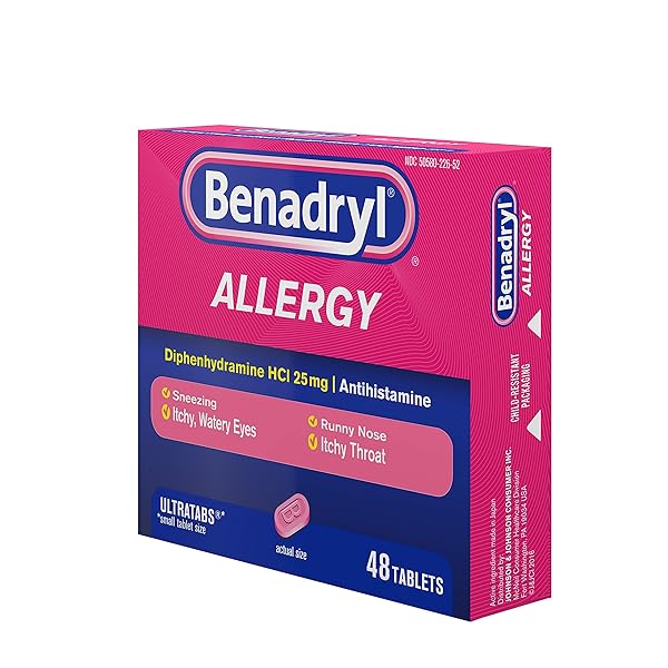 BENADRYL ULTRATABS ALLERGY RELIEF MEDICINE, 25 MG DIPHENHYDRAMINE HCL ANTIHISTAMINE TABLETS FOR RELIEF OF COLD & ALLERGY SYMPTOMS LIKE SNEEZING, RUNNY NOSE, & ITCHY EYES & THROAT, 48 CT