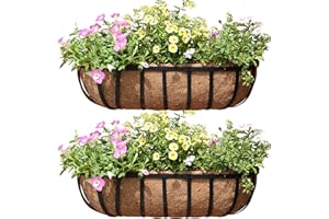 EIMQUVW 24 Inch Railing Planter Window Box Deck Balcony Rail Planter with Coco Liner Metal Wall-Mounted Coconut Liner Planter Basket English Horse Trough Planters for Outdoor Balcony Porch Fence (2 Pack)