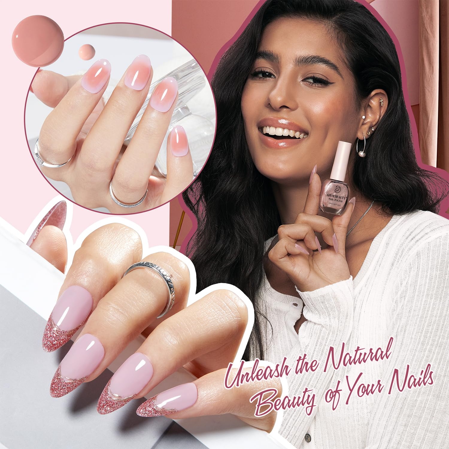 AZUREBEAUTY Vegan Nail Polish Set 8 Colors, Light Dark Pink Nude Orange Champagne Glitter Quick Dry Natural Nail Lacquer Strengthening Treatment Kit DIY Salon - Image 4