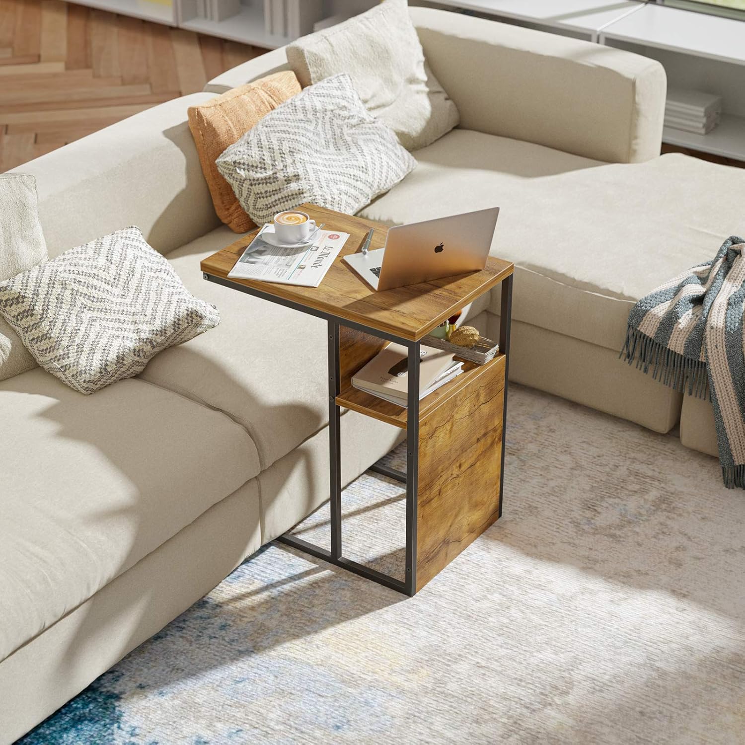 Cubiker Sofa Side End Table, C Shaped Reversible Table with Wooden Shelf, Side Table for Living Room, Bedroom, Metal Frame Nightstand: Kitchen & Dining