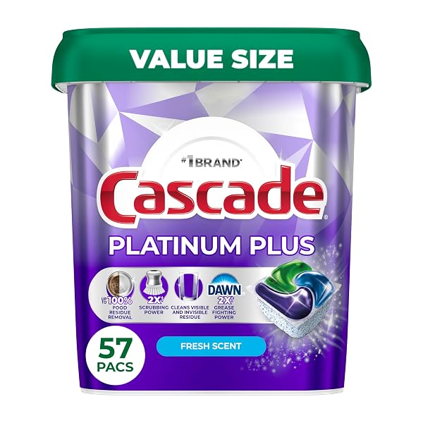 CASCADE PLATINUM PLUS DISHWASHER PODS, DISHWASHER DETERGENT, DISH DETERGENT SOAP, FRESH, 57 COUNT