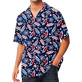 AOBUTE Men July 4th Button Shirts American Flag Hawaiian Shirt Star Stripe Holiday Top