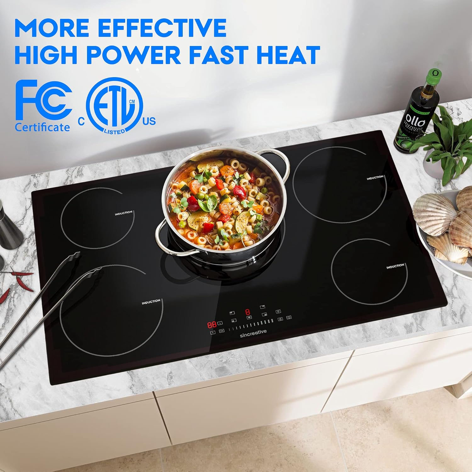 36 Inch Induction Cooktop, Electric Cooktop with 5 Burners Drop-in Electric Stovetop 240V Smoothtop Ceramic Glass Induction Burner with Timer, Kids Lock, 9 Heating Level, ETL & FCC Certificated: Appliances