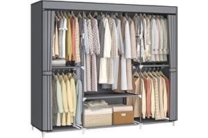 MOGELAFOO 64.5" Closet Wardrobe, Portable Closet for Bedroom, Freestanding Clothes Rack with Non-Woven Fabric Cover, 5 Hanging Rods, 6 Storage Shelves, Clothes Storage Organizer, Grey