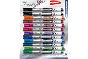 BIC Intensity Advanced Colorful Dry Erase Markers, Bullet Tip, 12-Count Pack of Assorted Colors, Whiteboard Markers for Teachers and Office Supplies