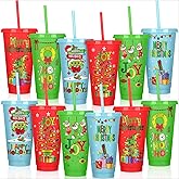 Vesici 12 Pack Christmas Plastic Cups with Lids and Straws Bulk Green Monster 24 Oz Reusable Plastic Cups Hot and Cold Beverages Drinks Xmas Party Drinking Tumbler Beer Whiskey Christmas Party Favors