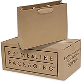 Prime Line Packaging Brown Gift Bags, Kraft Shopping Bags Small with Handles for Small Business, Boutiques, Retail Use, Merchandise, Bulk, 10.5x3x8.25, 50 Pack