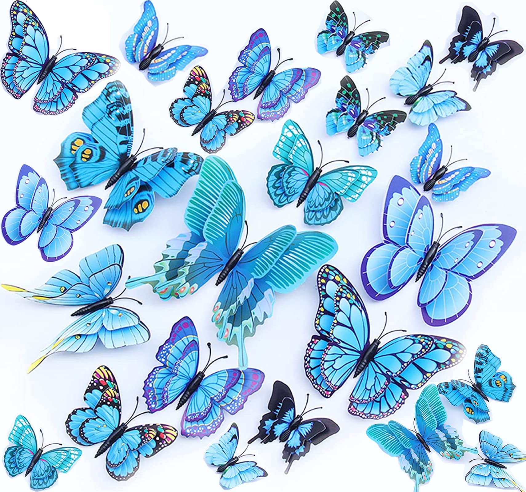 Butterfly Wall Sticker Decor 24PCS 3D Butterflies Stickers for Party Decorations with Magnets and Gum Removable and Reusable (Blue)