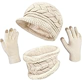 3-Pieces Winter Hat Gloves Scarf Set, Knit Warm Beanie Hat Neck Warmer Touch Screen Mittens for Women