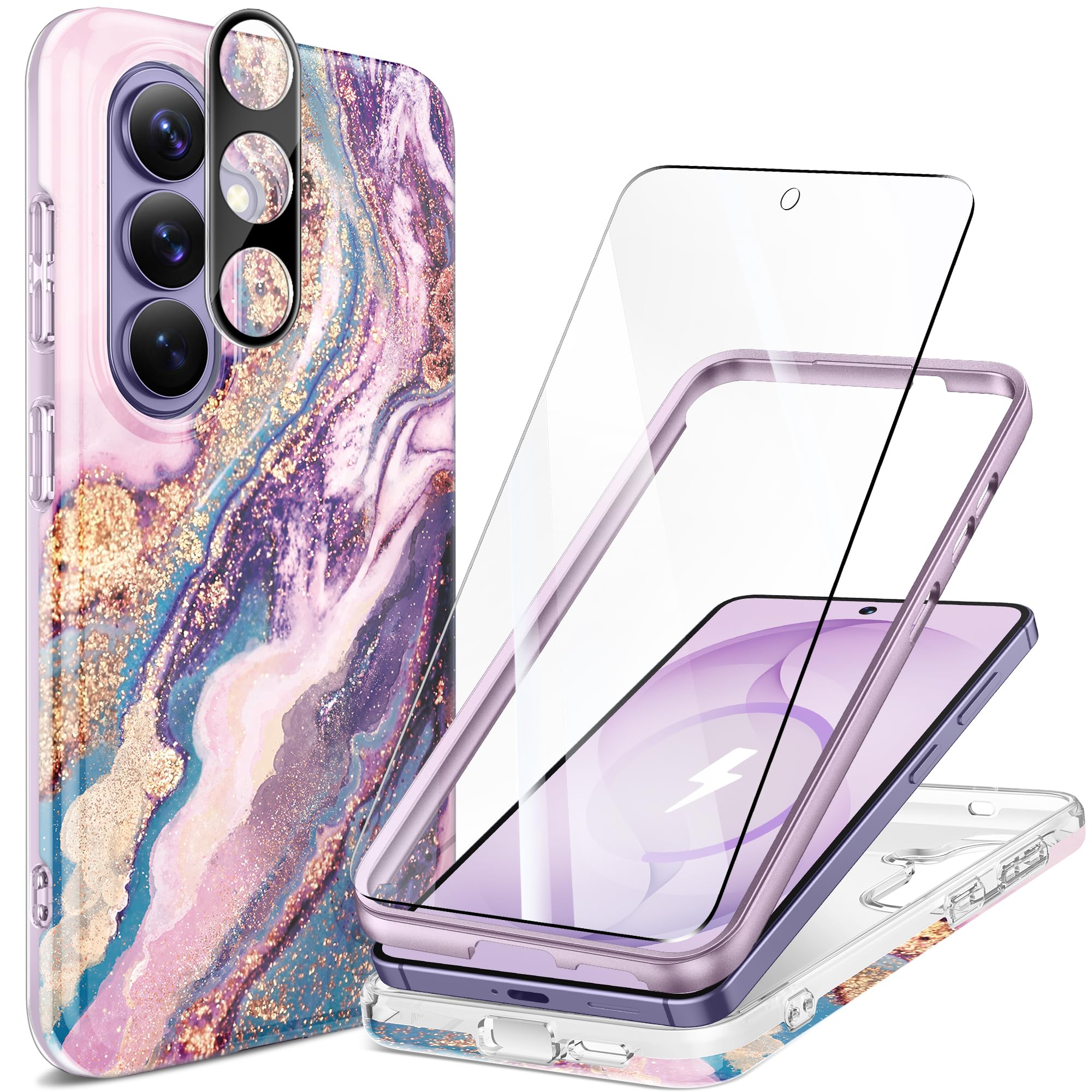 GVIEWIN for Samsung Galaxy S26 Case, [Compatible with MagSafe] [Screen & Camera Lens Cover], Marble Slim Shockproof Military-Grade Protection Women Phone Case for S26 6.3" (Dreamland River/Purple)