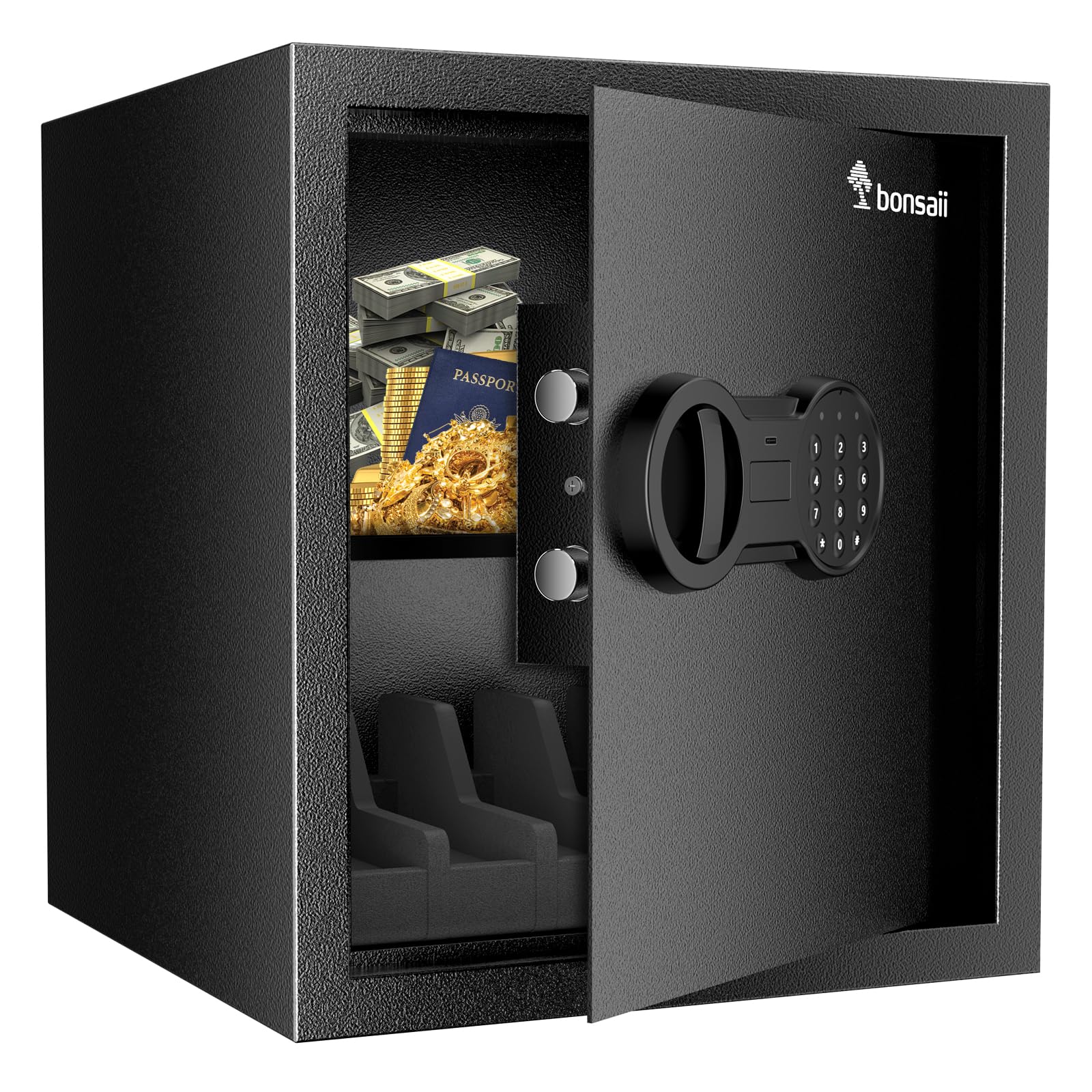 Bonsaii Safe Box with Holder and Removable Shelf, 1.2 Cu. Ft Steel Security Cabinet with Digital Keypad Lock and Type C Port for Home, Office, Valuables, Money, Jewelry, 12.99"W x 12.99"D x 14.17"H Image