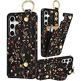 Petitian for Samsung Galaxy S25/S24 Case with Wallet - Women Girls Cute Girly Aesthetic Unique Design with Leather Credit Card Holder Cardholder Stand Wristband, Grow Flower