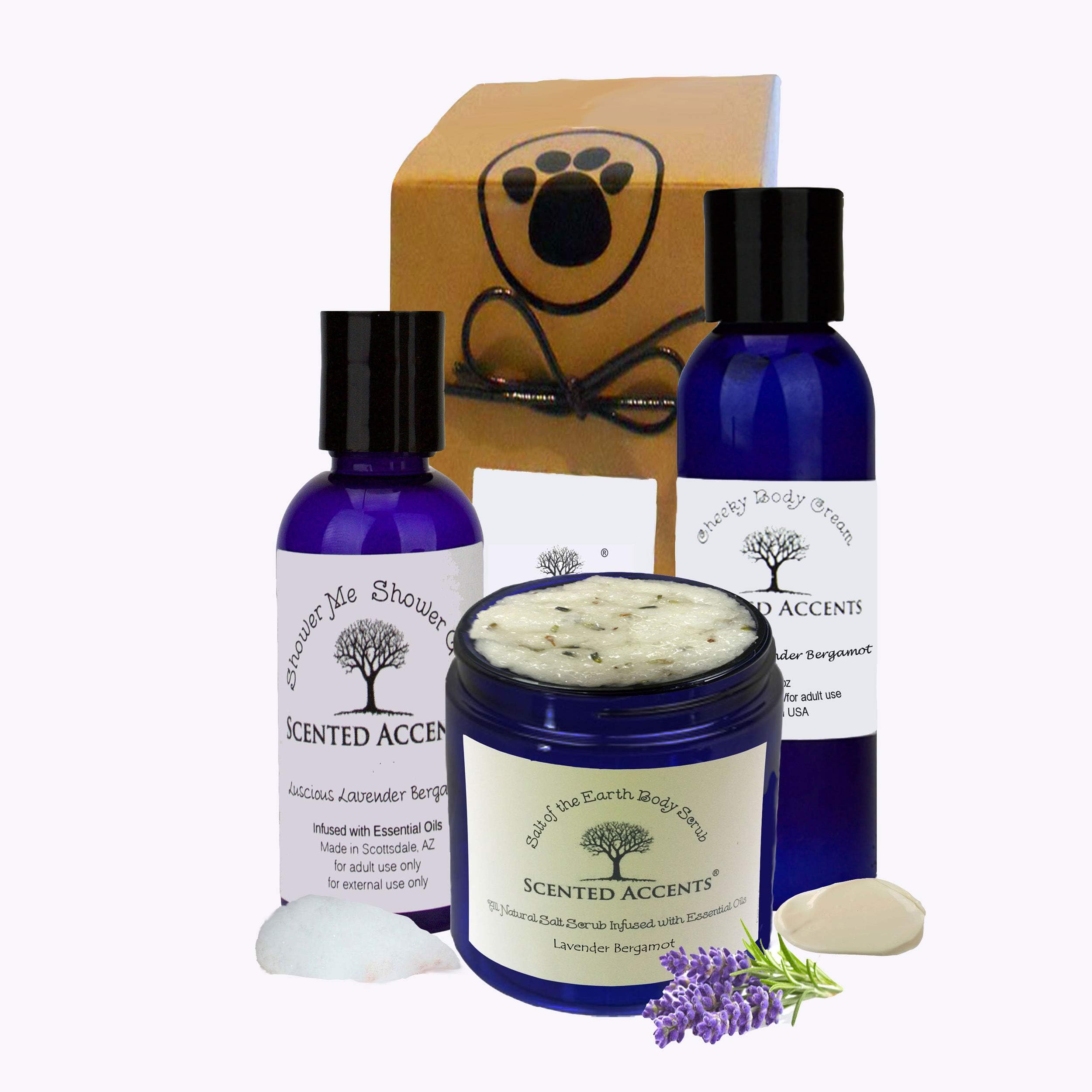 Scented Accents Spa Pack All-Natural Lavender Bergamot Salt of the Earth Body Scrub for Women, Cheeky Body Cream, Travel Shower Gel for Dry Skin Essential Oil Infused Vegan Fresh-Made Skin Care