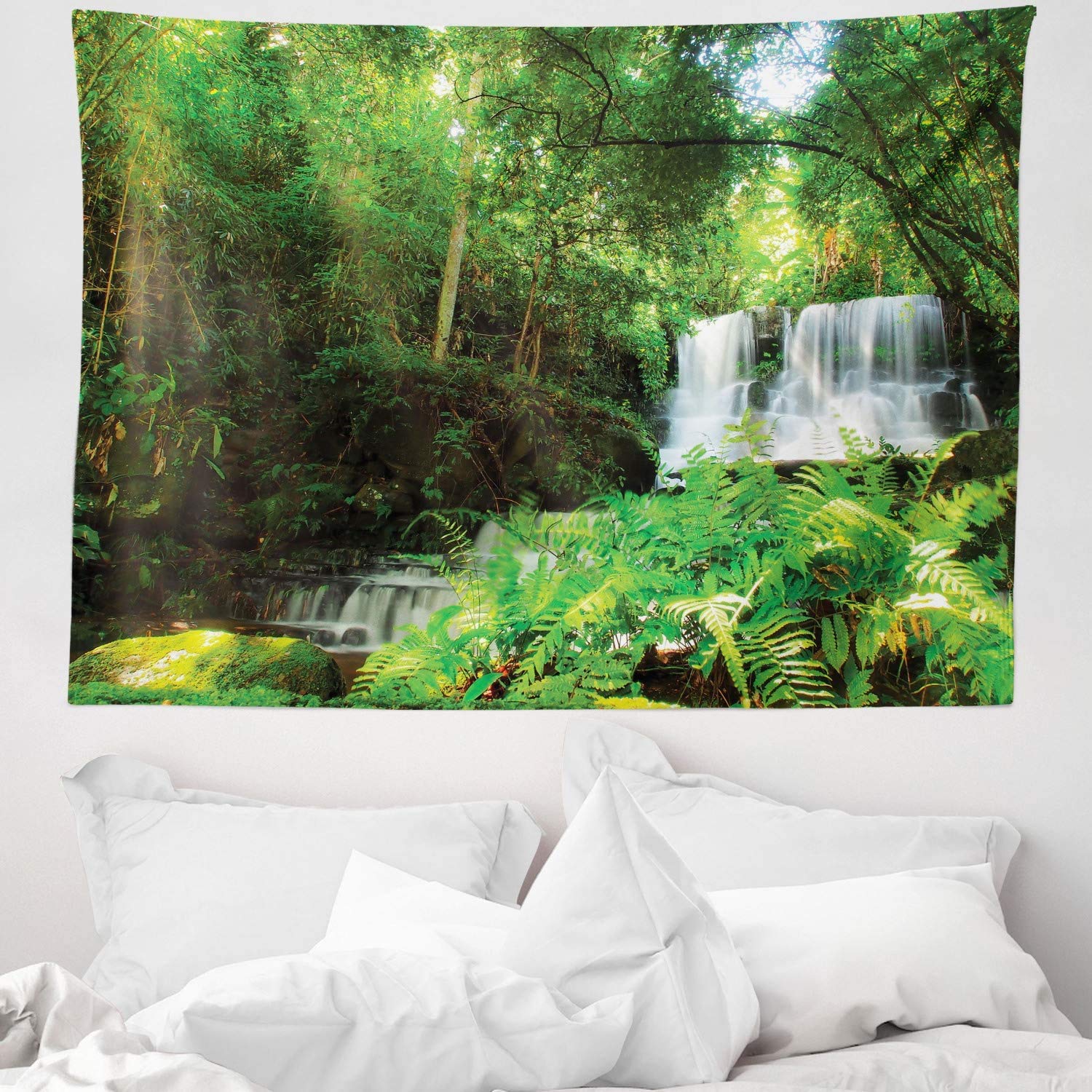 ABAKUHAUS Waterfall Tapestry, Spring Season Waterfall Hidden in Forest with Botanic Blossoms and Sunshine, Fabric Wall Hanging Decor for Bedroom Living Room Dorm, 58 W X 43 L, Green and White