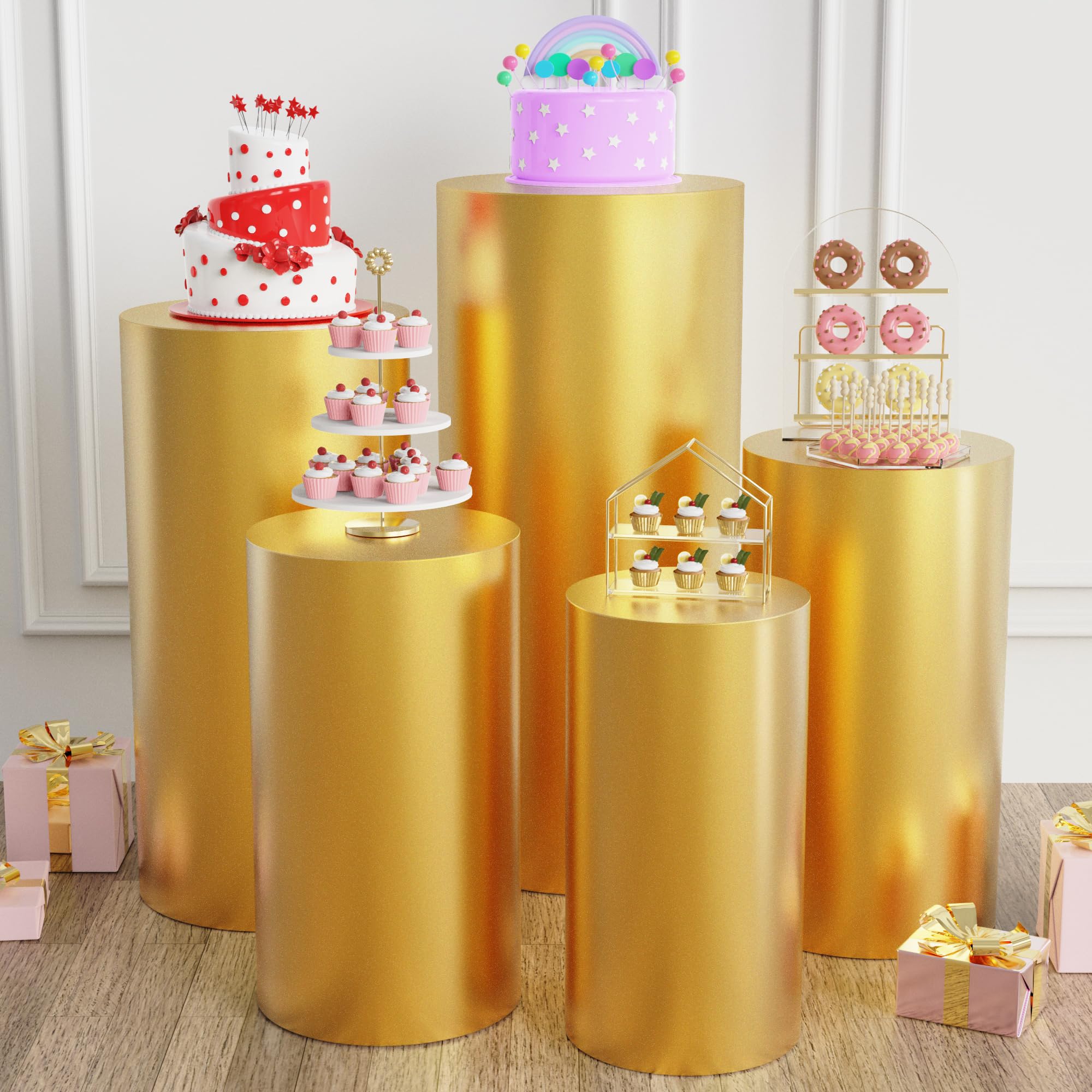 Putros Spandex Cylinder Pedestal Covers Gold Set of 5 Cylinder Stand Bronzing Elastic Cloth Cover for Wedding Props Birthday Party Event Decor