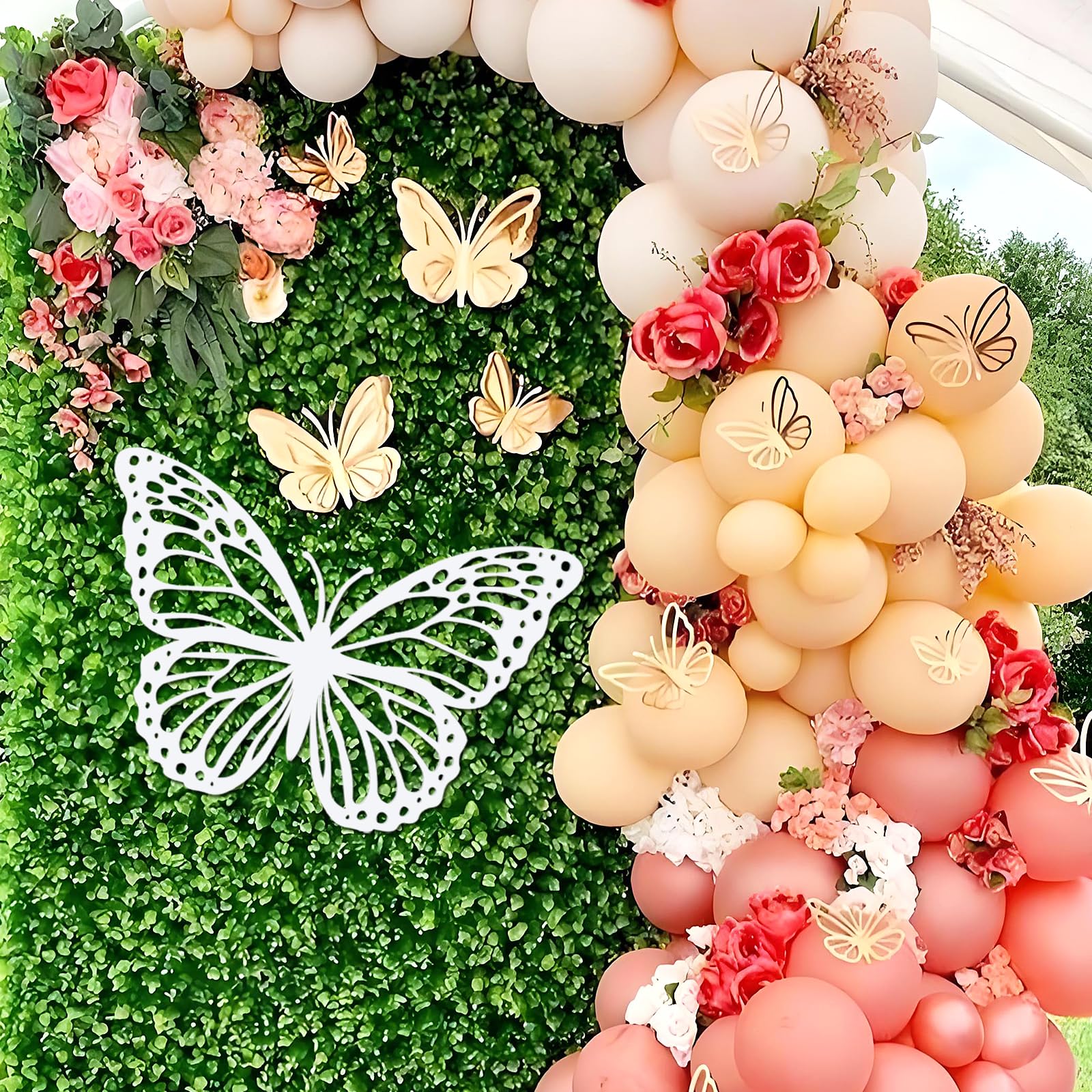 Photo 1 of ***SEE CLERK COMMENTS *** Wood Butterfly Sign for Backdrop - Wood Butterfly Shape Slices for Balloon Arch Butterfly Baby Shower Butterfly Themed Spring Party Decor Photo Prop (White)