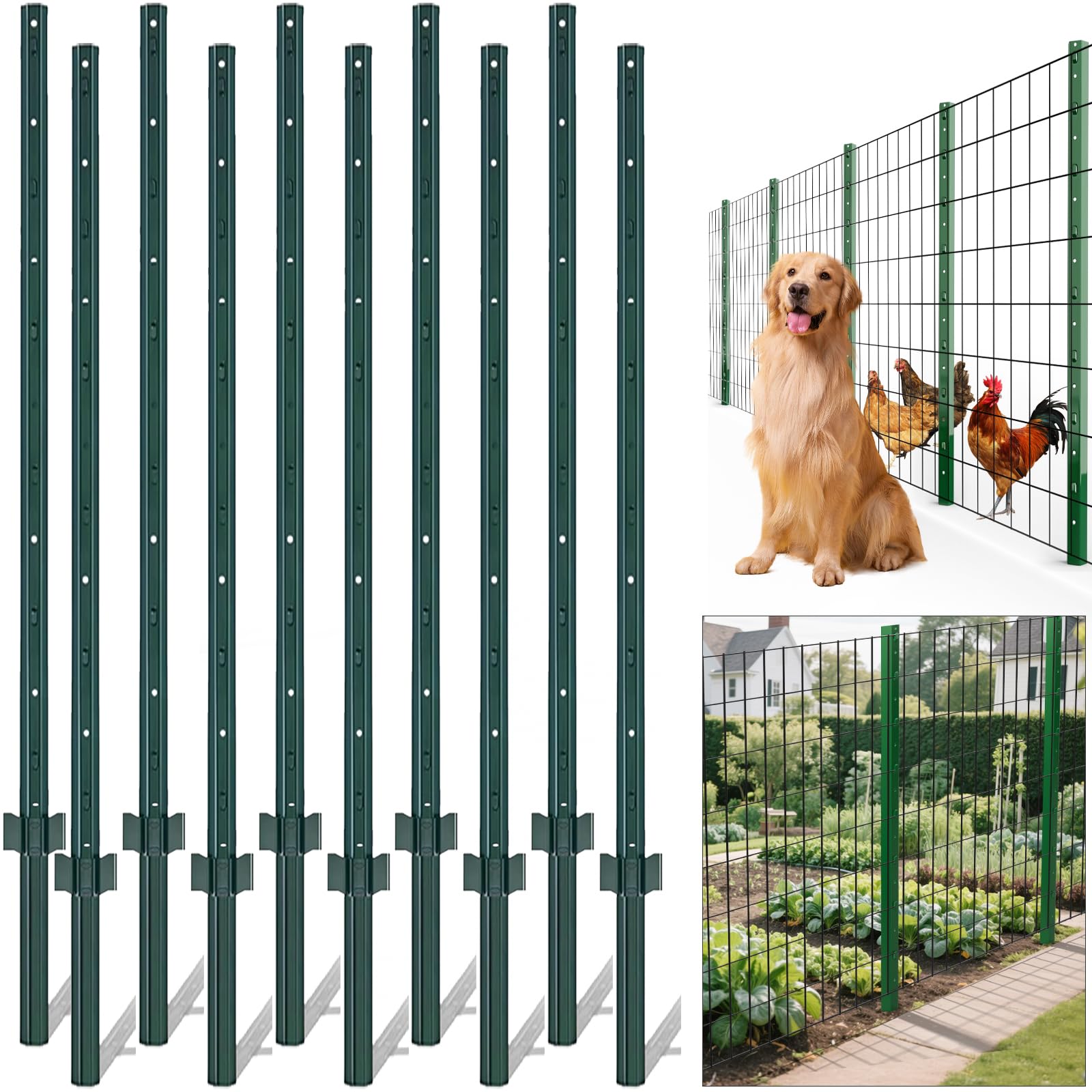 Photo 1 of AMAGABELI GARDEN & HOME Metal Fence Posts 4 Feet 10 Pack Heavy Duty No Dig Garden U Post Stakes for Wire Fence Temporary Fencing Safety Fence Plastic Mesh Fence Garden Fencing T Post for Yard Green