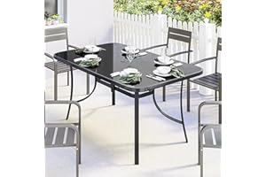 Outsunny Outdoor Dining Table for 6 with Umbrella Hole, Metal Patio Dining Table with Tempered Glass Top for Garden, Backyard