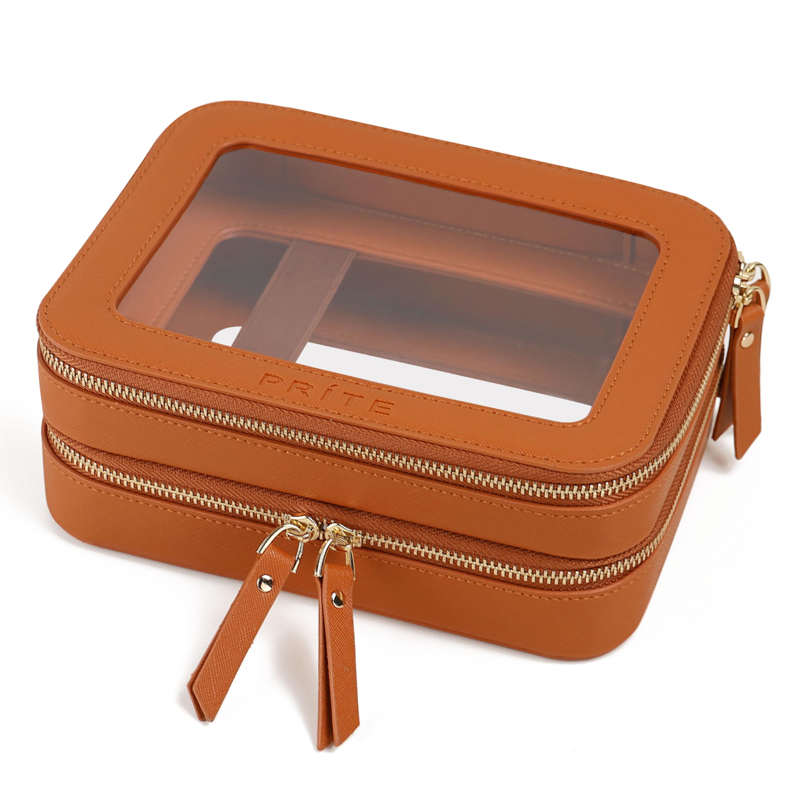 Prite Large Clear Makeup Bag with Gift Box Double Sided Cosmetic Case Two Layer Travel Toiletry Bag with Zippers and Compartment (Brown) — image 1