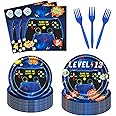 96 PCS 13th Birthday Video Game Party Tableware Set, Disposable Level 13 Unlocked Official Teenager Party Supplies Paper Plates Napkins Forks for Boy 13th Birthday Party, 24 Guests
