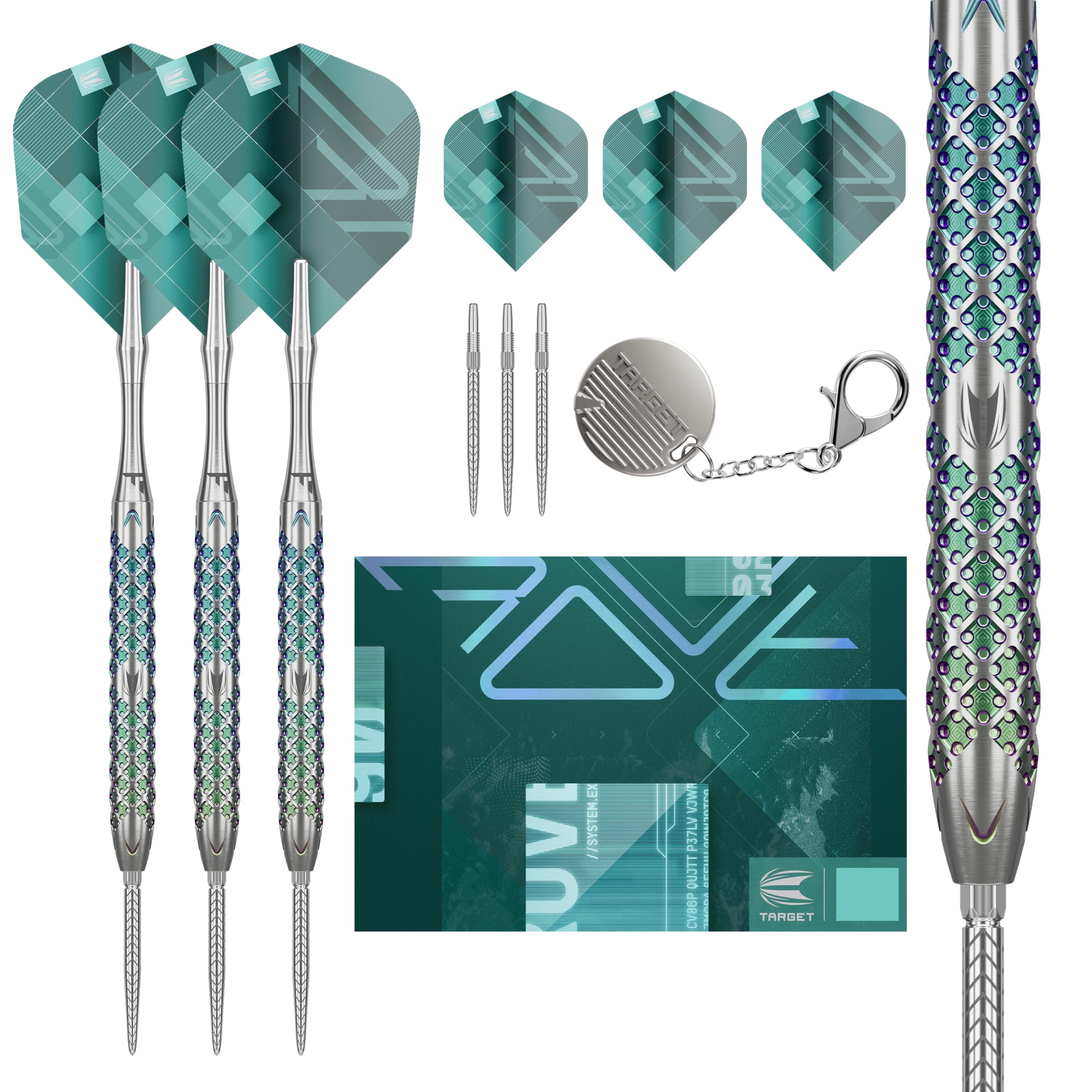Target Darts Rove Steel Tip Swiss Point Darts, 90% Tungsten Dart Set, Barrel 01-23G | Steel Tip Dart Sets, Green & Silver Darts, Professional Dart Set with Swiss Points & Tool
