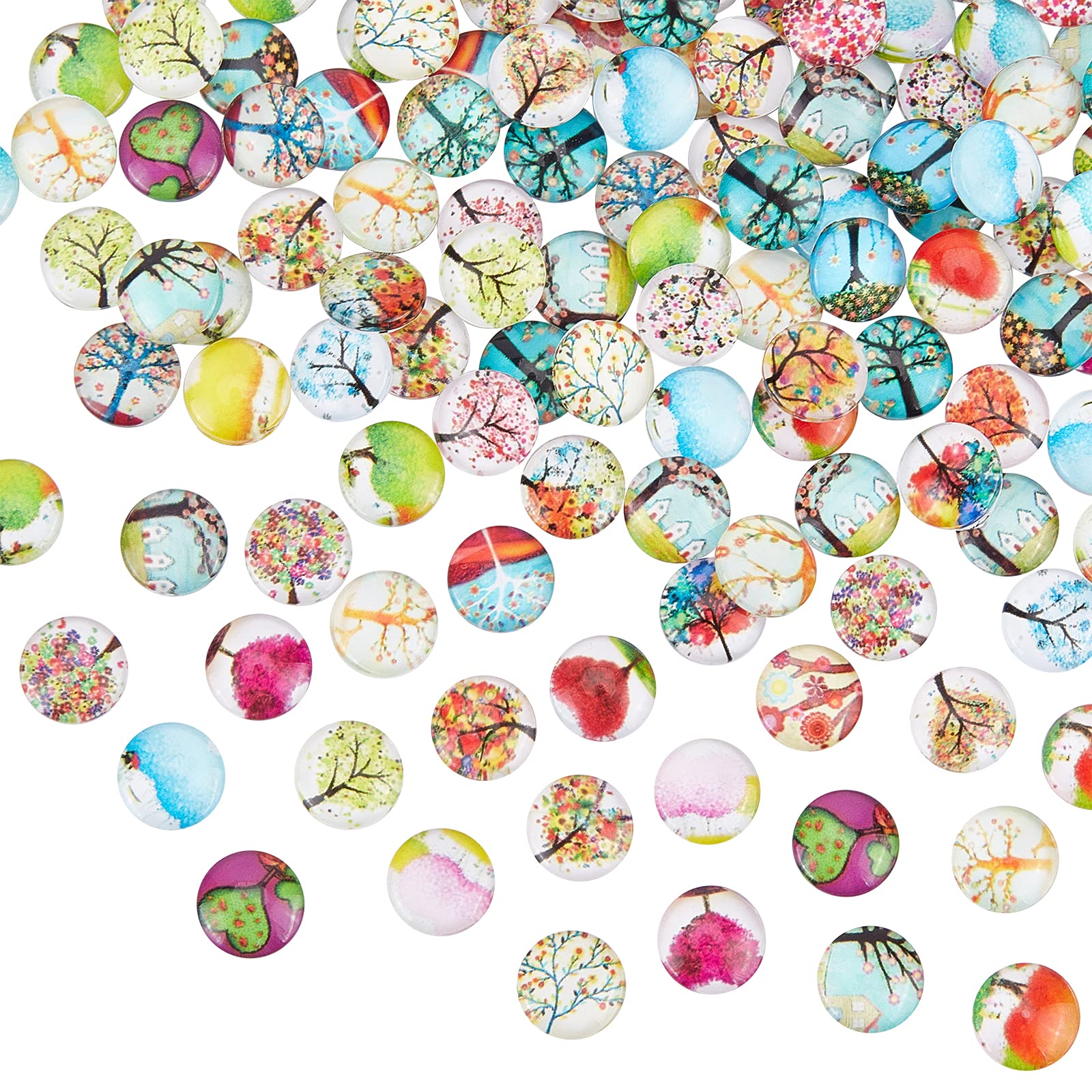 PH PandaHall 200 pcs Tree of Life Printed Half Round/Dome Glass Cabochons, Mixed Color, 12x4mm