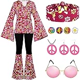 Jiuguva 17Pcs 60s 70s Outfits for Women Hippie Costume Set Disco Outfit Dress Boho Flared Pants Hippie Shirt Headband