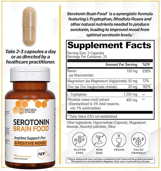 NATURAL STACKS SEROTONIN BRAIN FOOD W/L-TRYPTOPHAN & RHODIOLA ROSEA – MOOD SUPPORT SUPPLEMENT – PROMOTES POSITIVE MOOD, CALMNESS, STRESS RELIEF – HAPPY MOOD & BRAIN SUPPORT SUPPLEMENT – 75 CAPSULES